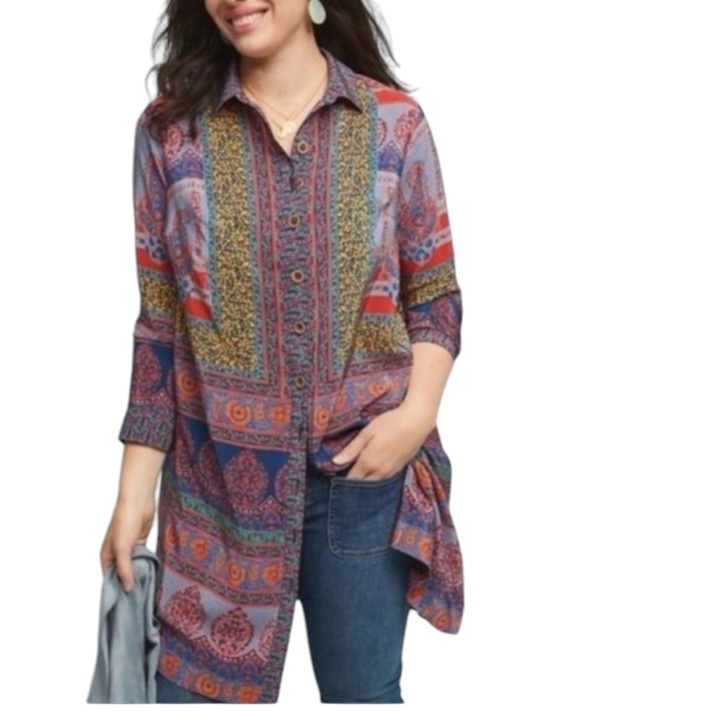 Anthropologie x Maeve Casablanca Silk Shirt Dress Mixed Print Size 0 - Picture 8 of 16